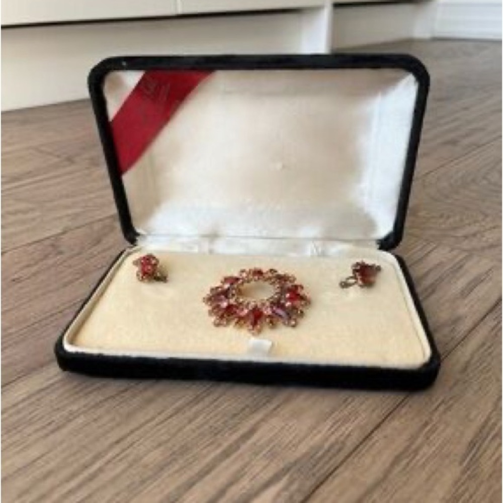 Gold-Tone Pink Floral Brooch and Earring Set